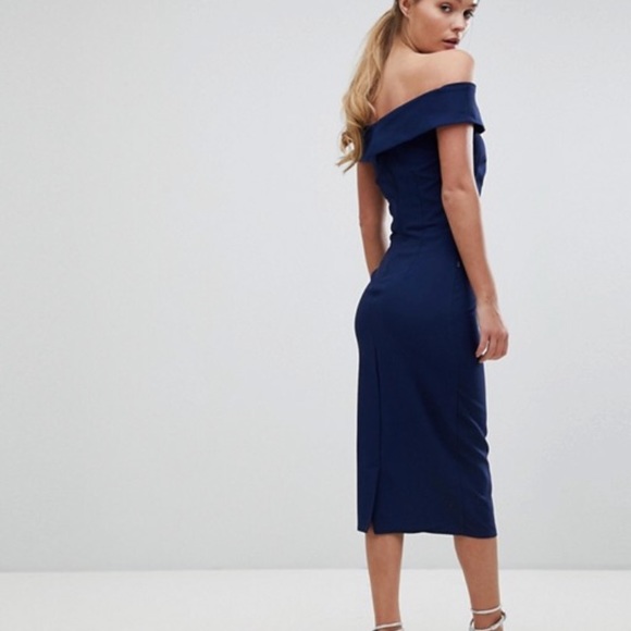 ASOS OFF THE SHOULDER MIDI DRESS EMBROIDERED WAIST - Picture 2 of 8